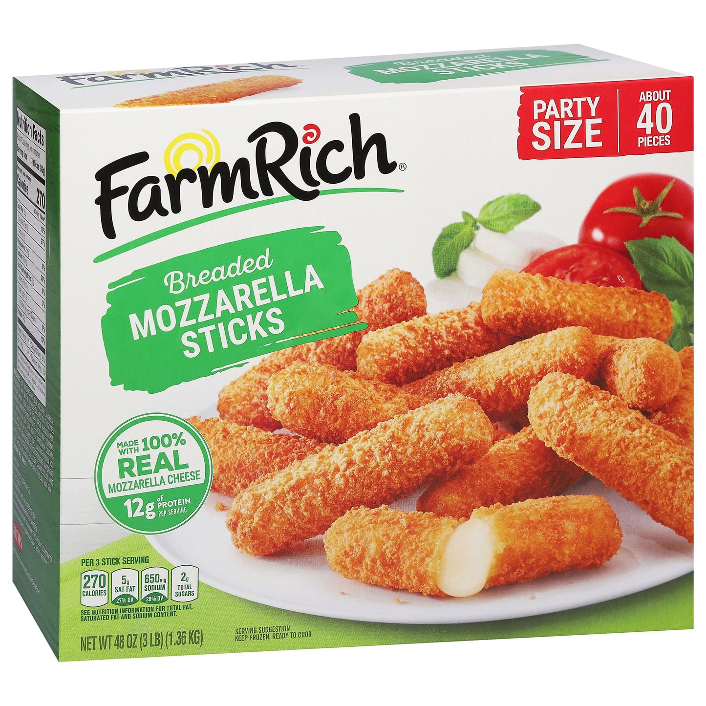 Farm Rich Mozzarella Cheese Sticks - Frozen Appetizers for Parties, Breaded Cheese Stick, 48 oz Pack - Farm Rich Snacks