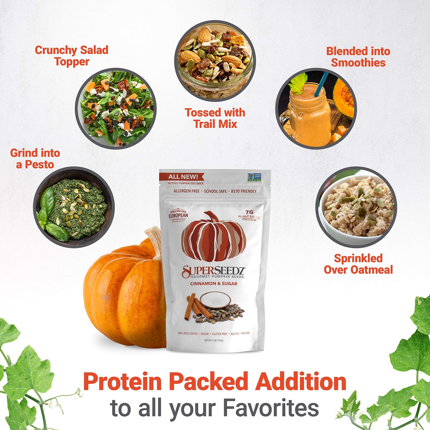 Superseedz Dry Roasted Pumpkin Seeds - Cinnamon & Sugar Pepitas, Vegan, Whole 30, Paleo, Healthy Snacks, 8G Plant Based Protein, Produced In Usa, Dairy Free, Nut Free, Gluten Free Snack (5Oz)