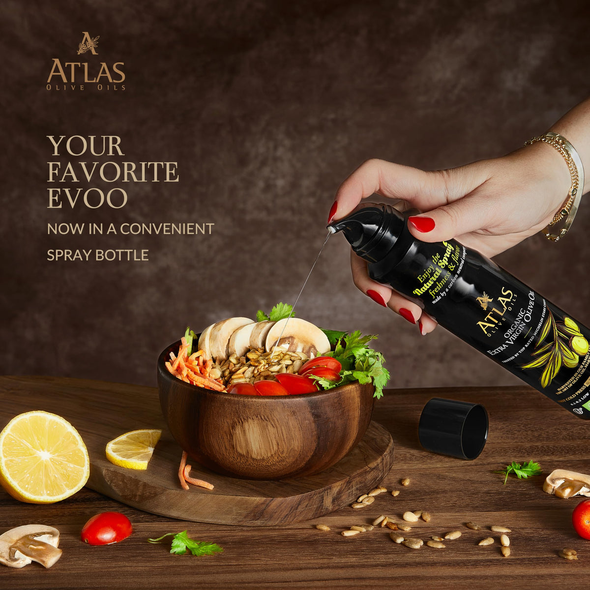A ATLAS OLIVE OILS Olive Oil Spray, Extra Virgin, Non-Stick, Cold Pressed, 5.4 oz, 6 Pack