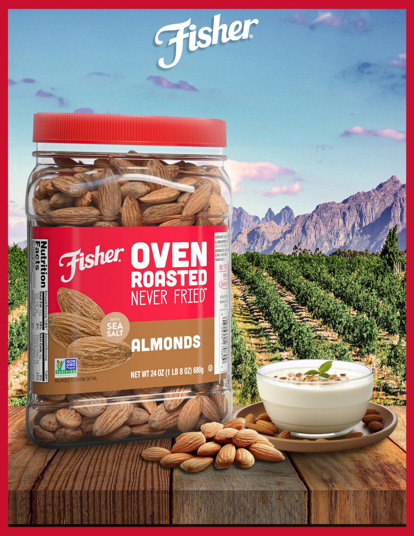Fisher Oven Roasted Never Fried Almonds  24 Ounces (Pack of 1)  Heart Healthy Snacks for mature-themeds  Made with Sea Salt  No Added Oil  Artificial Ingredients or Preservatives  Gluten Free  Vegan Protein