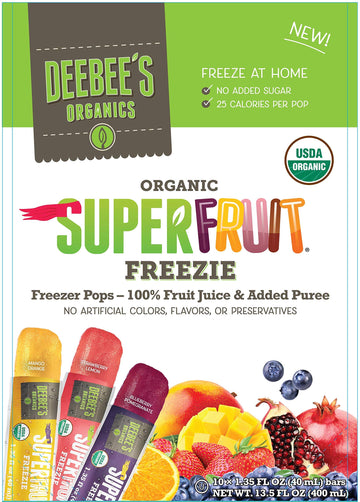 Deebee's 100% Organics Super Fruit Freezie Frozen Juice Bars - Grape, Strawberry and Tropical Fruit Popsicles - Nut, Gluten and 
