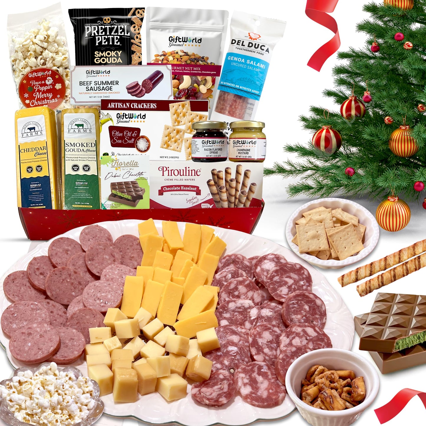 Christmas Gift Basket  Meat and Cheese Gift Baskets for Men and Women - Delicious Condiments with Dubai Chocolate  Charcuterie Food Gift Basket  Christmas Food Gifts in Christmas Gift Box (12-item Bundle)