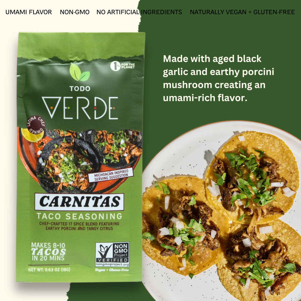 Carnitas Healthy Taco Seasoning Packets - Todo Verde Mexican Seasoning Mix | Chef Curated Taco Blends With Porcini Mushroom & Bl