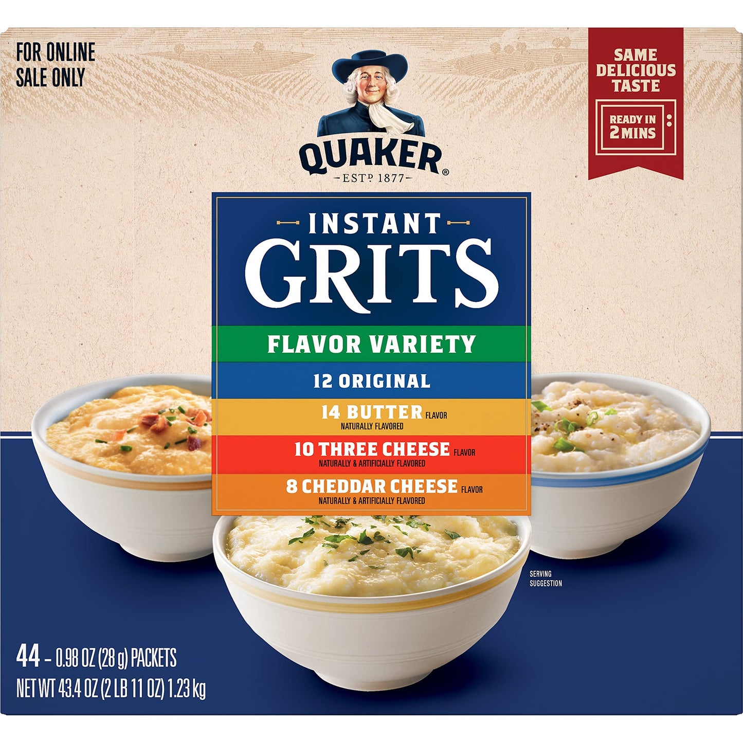 Quaker Instant Grits, 4 Flavor Variety Pack, 0.98oz Packets,44 Count (Pack of 2)