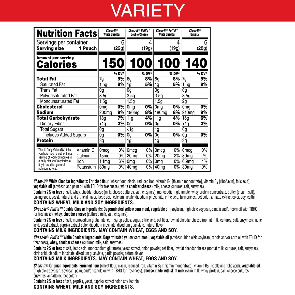 Cheez-It Cheese Crackers, Baked Snack Crackers, Office And Kids Snacks, Variety Pack, 17.72Oz Box (20 Pouches)