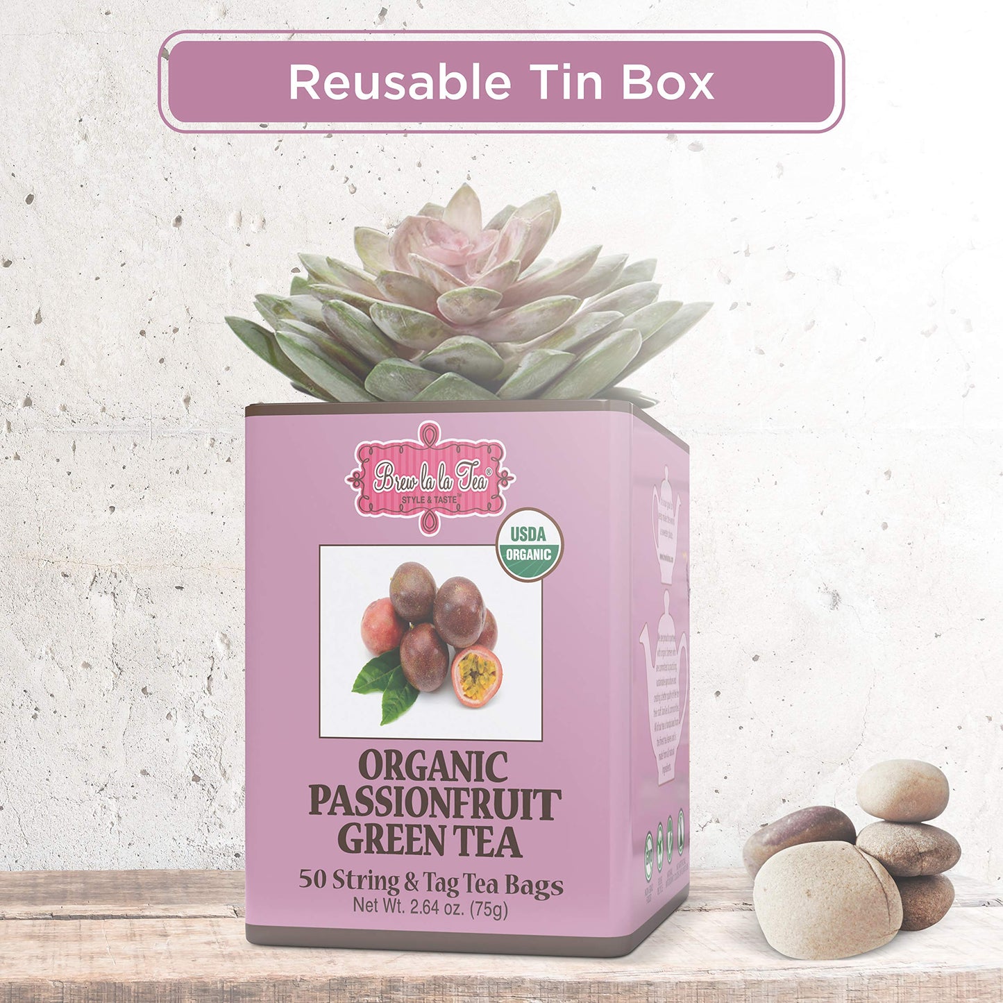 Brew La La Organic Green Tea - Passionfruit Flavor - 50 Count Tea Bags - Low Caffeine - USDA Certified Organic