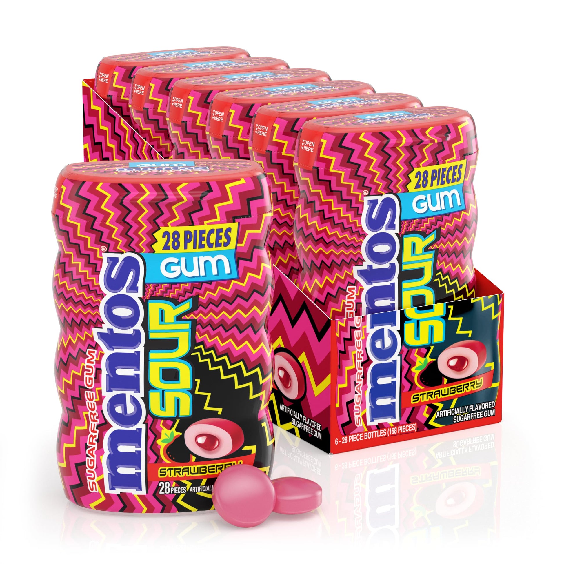 Mentos Sour Sugar-Free Chewing Gum With Xylitol, Sour Strawberry Flavored, 28 Piece Bottle (Pack Of 6)