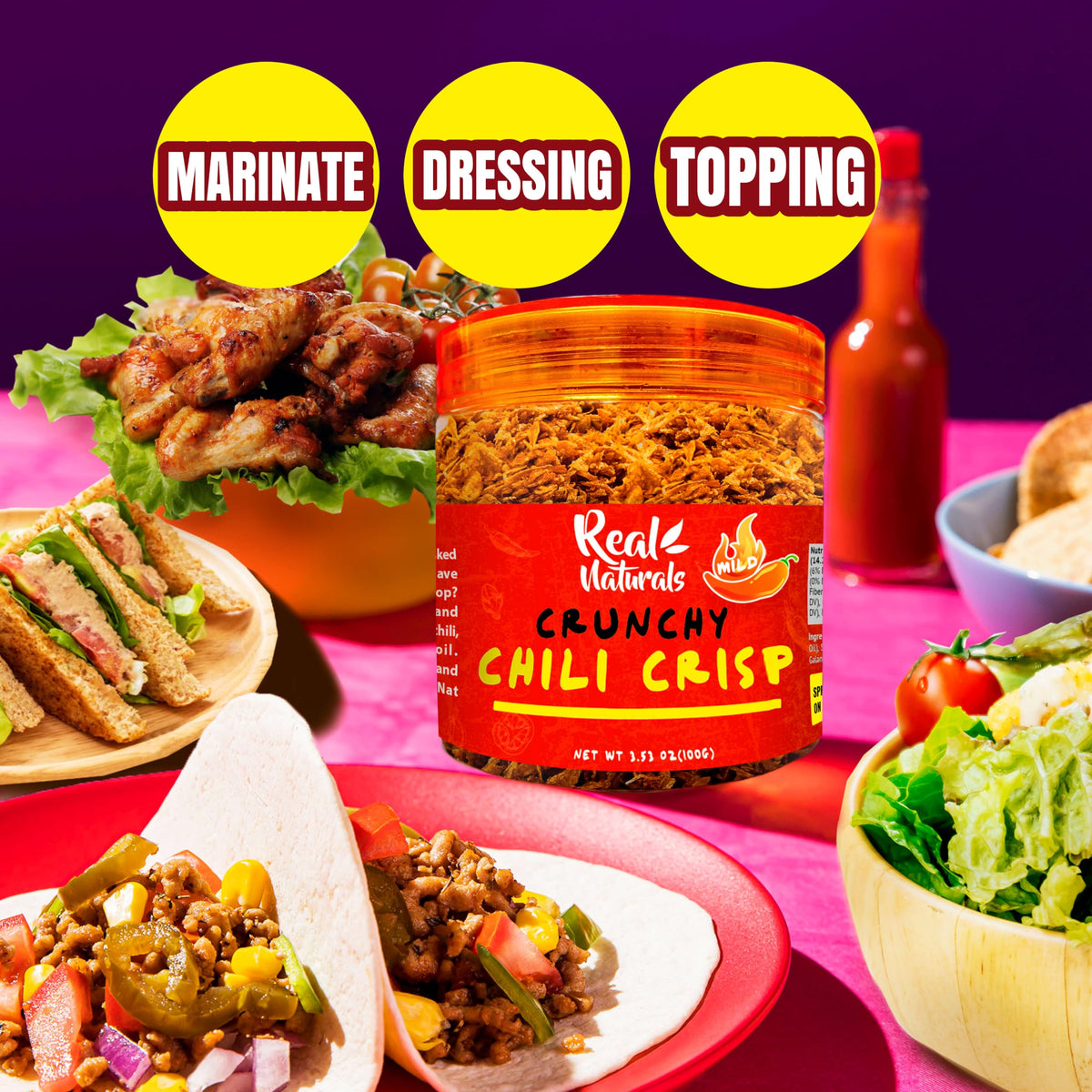 Chili Crisp No-Floating Oil (3 Bottles Medium Hot) Spicy Chilli Crisp Crunch. Crispy Garlic & Onion ''No-Oil'' Chili Oil Crisp B