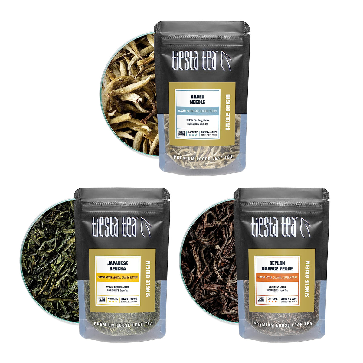 Tiesta Tea Single Origin Tea Sampler Set - Loose Leaf, Assorted Brew Sets, High to Low Caffeine, 7 Resealable Sample Pouches