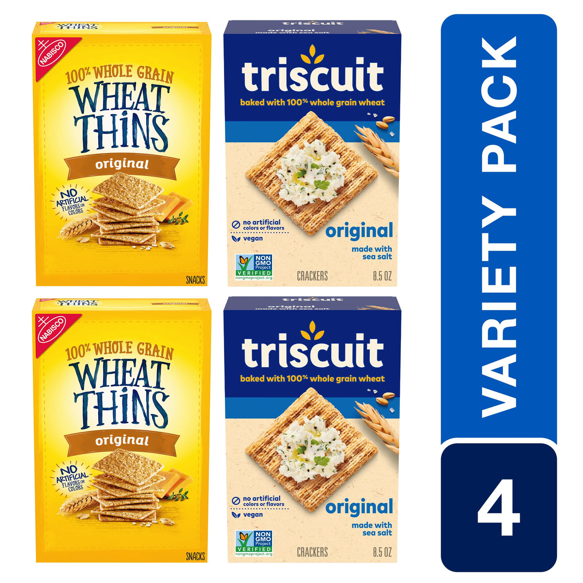 Triscuit Original Whole Grain Wheat Vegan Crackers and Wheat Thins Original Whole Grain Wheat Crackers Variety Pack, 4 Boxes