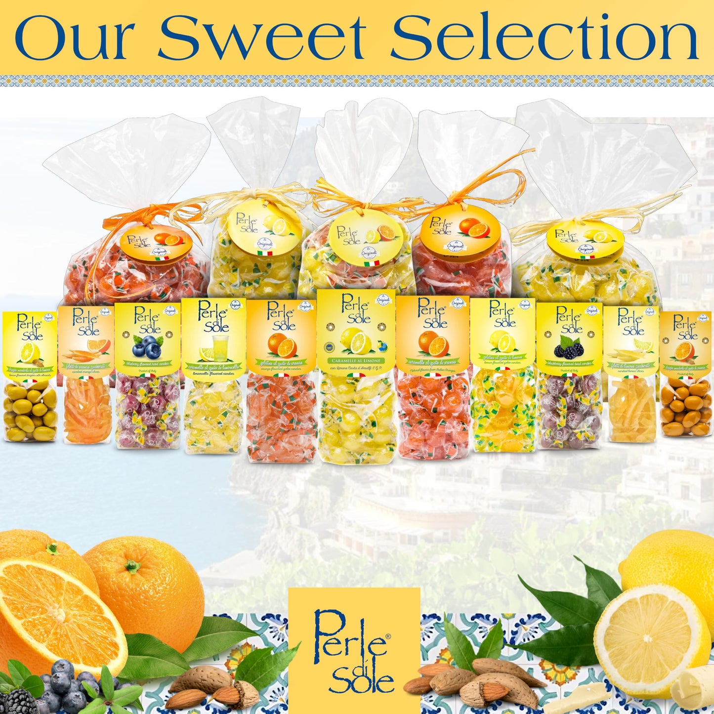 Perle di Sole Italian Candy - Blueberry Hard Candy with a Tart Fizzy Filling - Italian Candy Individually Wrapped (7.05 oz | 200