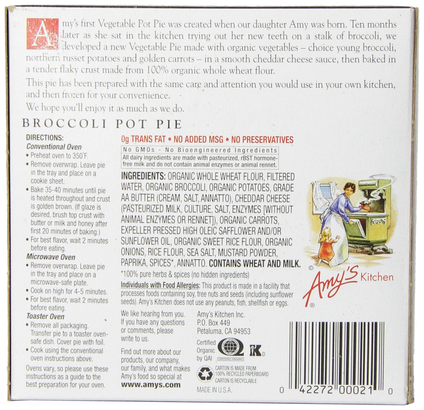 Amys Frozen Meals, Broccoli Pot Pie with Cheddar Cheese Sauce, Made With Organic Vegetables, Microwave Meals 7.5 Oz