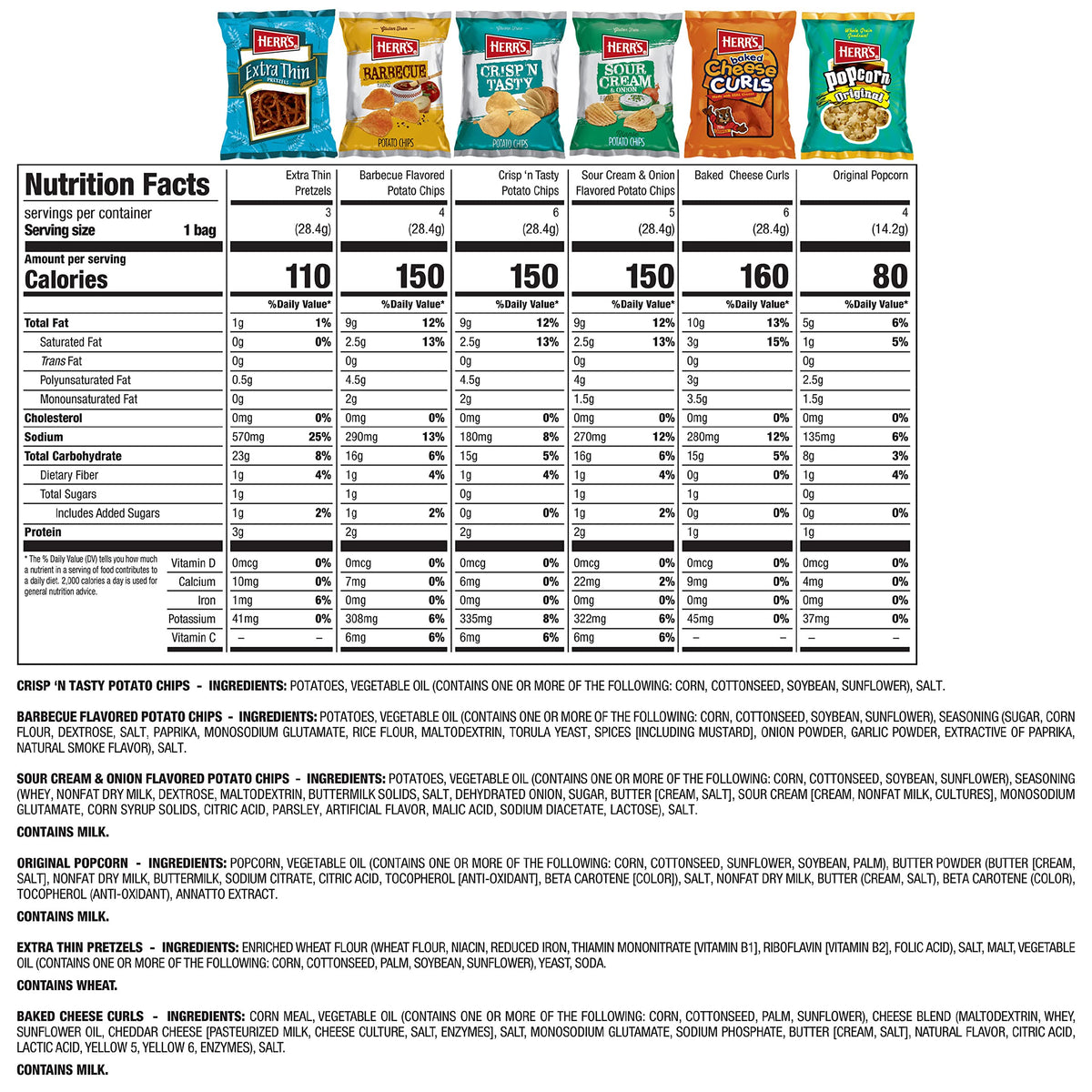 Herrs Snacks Variety Pack, Potato Chips, Pretzels, Popcorn, Cheese Curls, 26Oz Box (28 Bags)