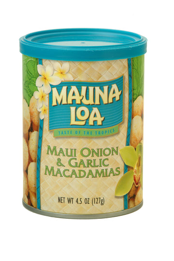 Mauna Loa Premium Hawaiian Roasted Macadamia Nuts, Maui Onion Garlic Flavor, 4.5 Oz Can (Pack of 12)