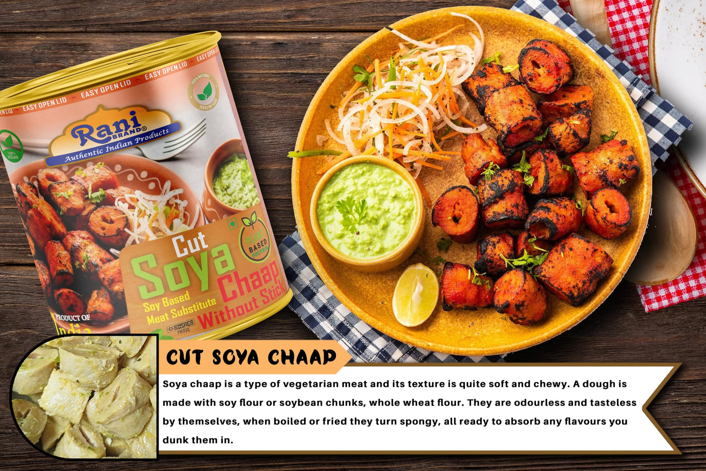 Rani Cut Soya Chaap Whitout Stick (Plant Based Protein) 30Oz (1.875Lbs) 850G, Pack Of 6 ~ Easy Open Lid | All Natural | Vegan |