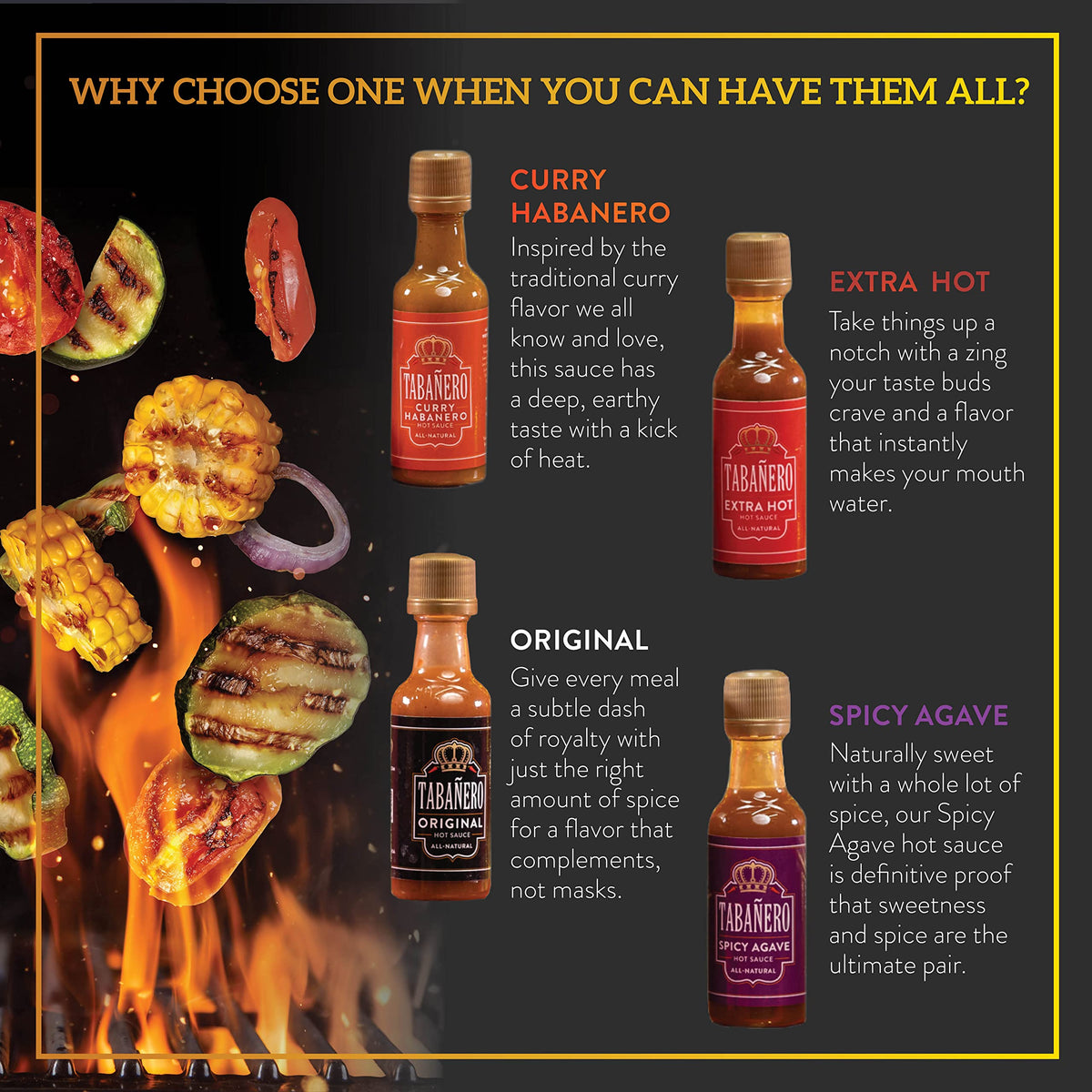 Taba?ro Mini Hot Sauce Gift Set, 4 Pack, Kit Includes Original, Extra Hot, Spicy Agave, Curry Habanero, 1.7 oz Mini Glass Bottle