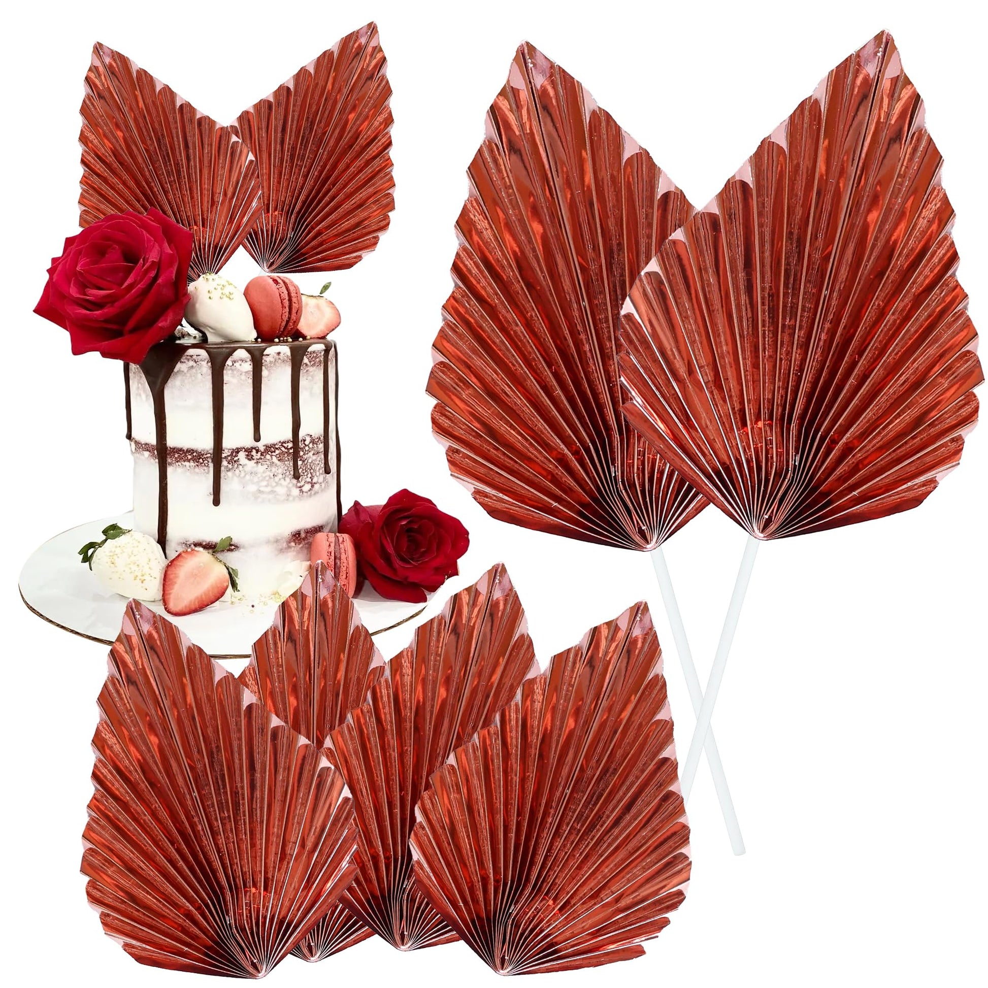 Gyufise Paper Palm Fan Cake Toppers, 6Pcs Light Rose Gold Party Decorations, W 4.7 x H 5.1, Model ZN0680-13