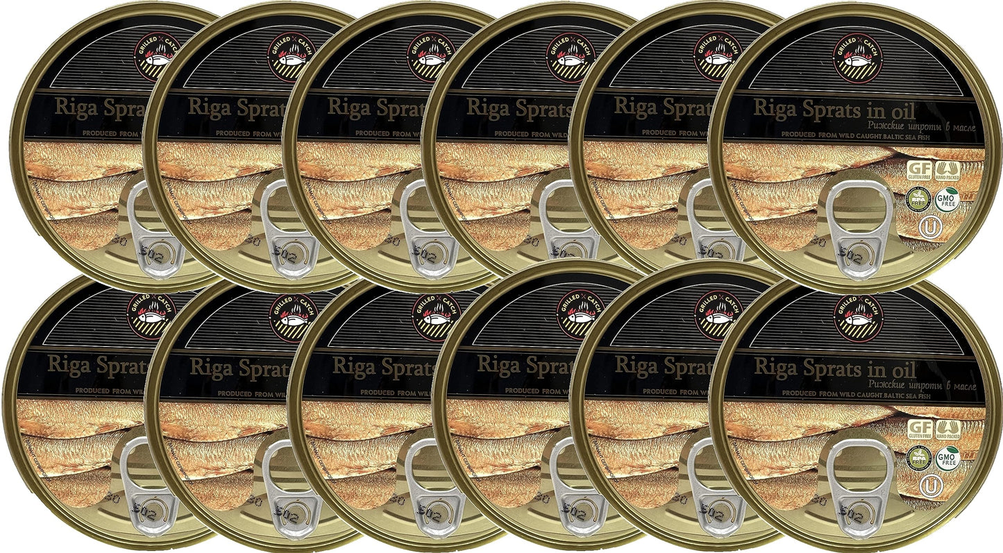 GRILLED CATCH Smoked Sprats in Vegetable Oil, 12 Pack of 5.6 oz Tins, Kosher, Product of Latvia