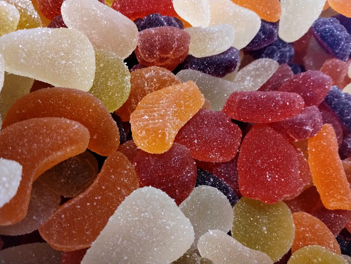 Assorted Jelly Fruit Shaped Candy - 1.5 lbs of Sugar Dusted Orange Raspberry Pear Pineapple Grape Chewy Candy