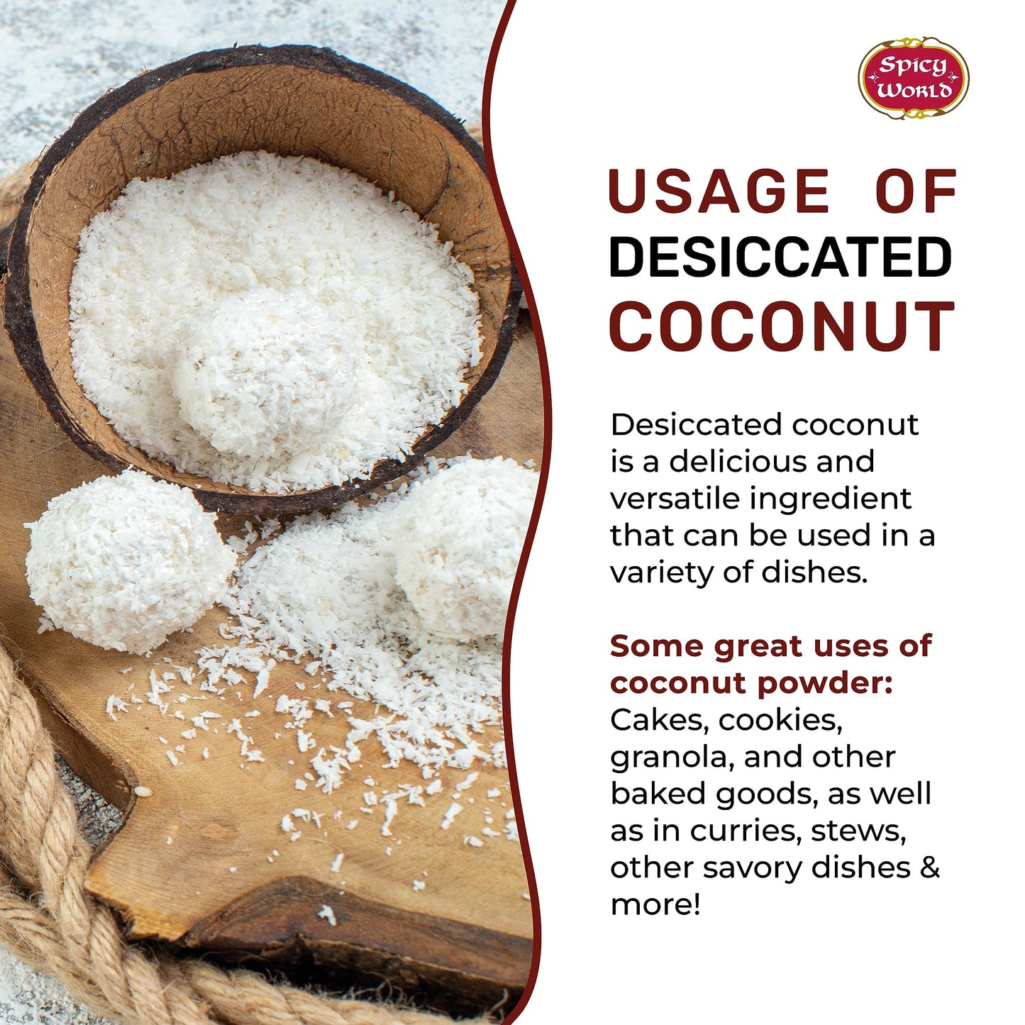 Spicy World Shredded Coconut Powder, Unsweetened, 1.5 Pound Bulk Bag, Finely Shredded, Great for Baking and Smoothies
