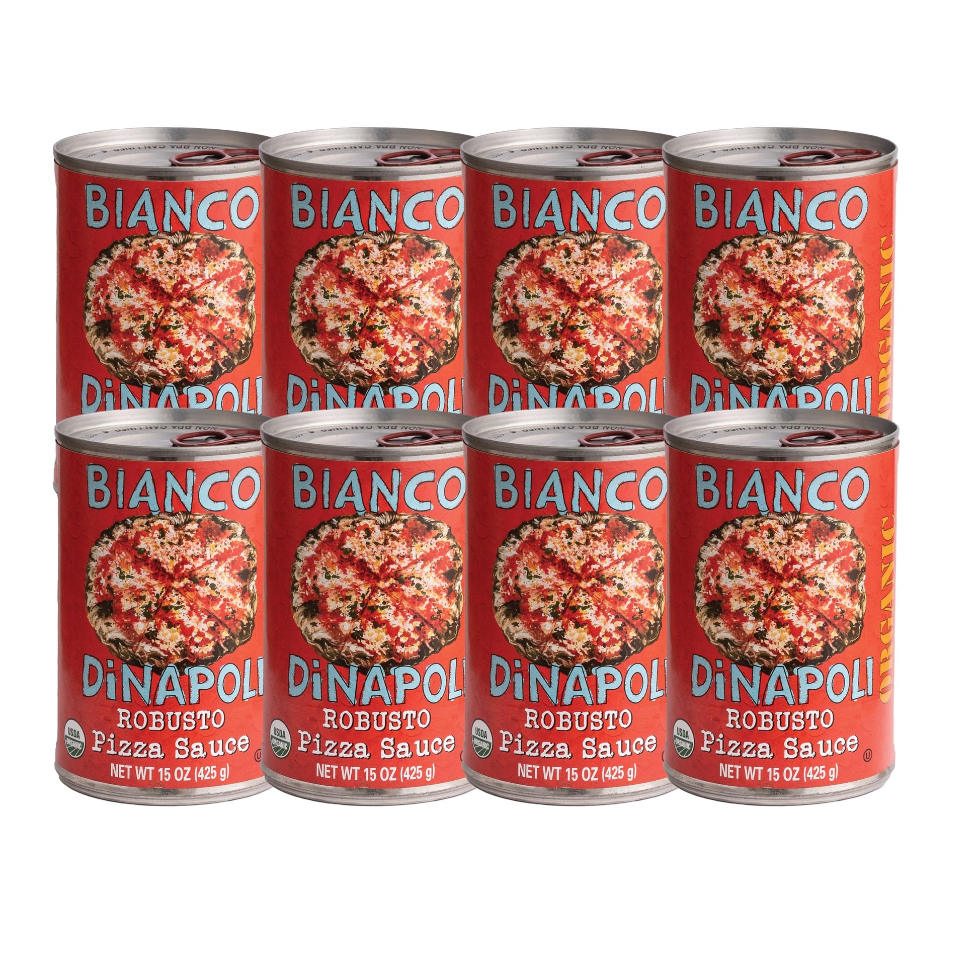 Bianco DiNapoli Organic Robusto Pizza Sauce, 15 oz Canned, Made with California Tomatoes, Garlic, Basil, Oregano, Extra Virgin Olive Oil, 8 Pack