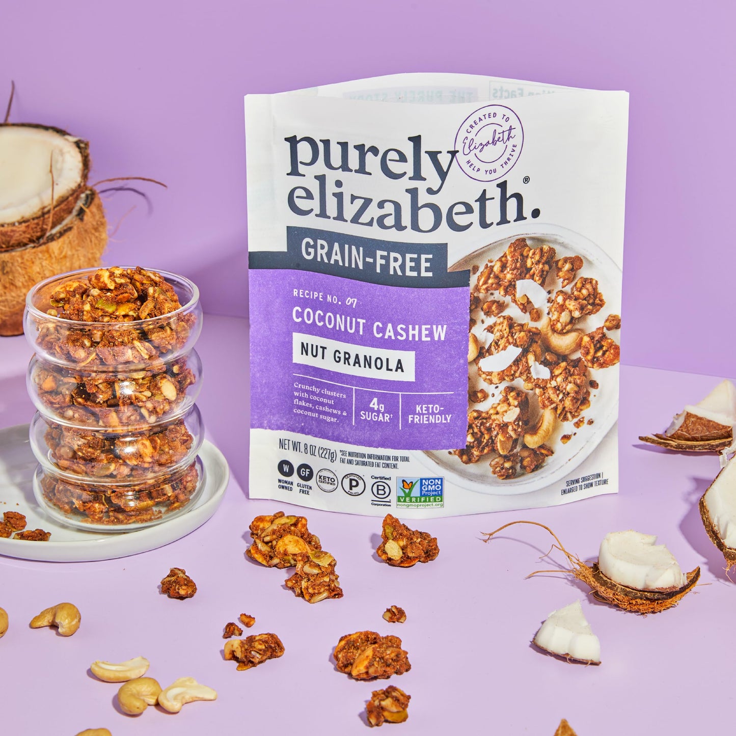 Purely Elizabeth Coconut Cashew Keto Granola, Made With Nuts And Seeds, Grain-Free, Gluten-Free, Non-Gmo (3 Ct, 8Oz Bags)