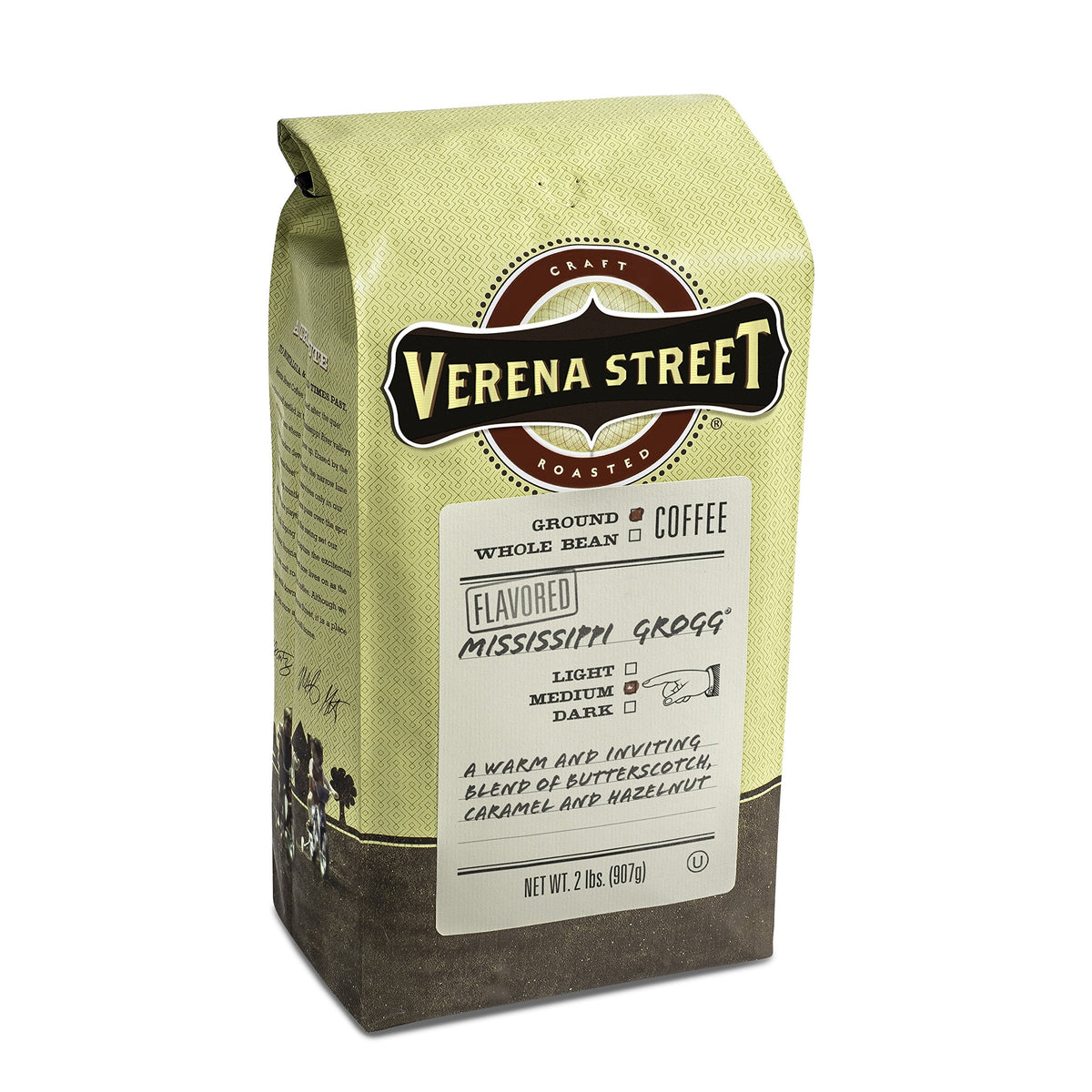 Verena Street Flavored Ground Coffee, Mississippi Grogg, Medium Roast, 2 Pound Pack, Rainforest Alliance Certified