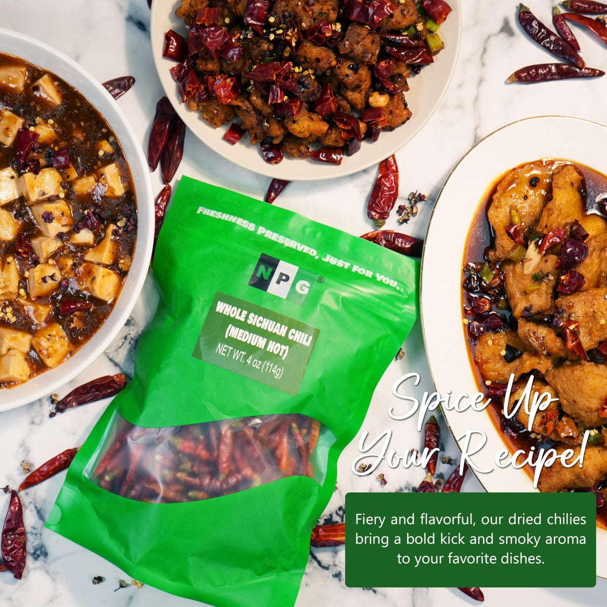 NPG Sichuan Red Chili Peppers, Medium Hot, 4 Ounce Pack, Dried Red Chilies for Cooking
