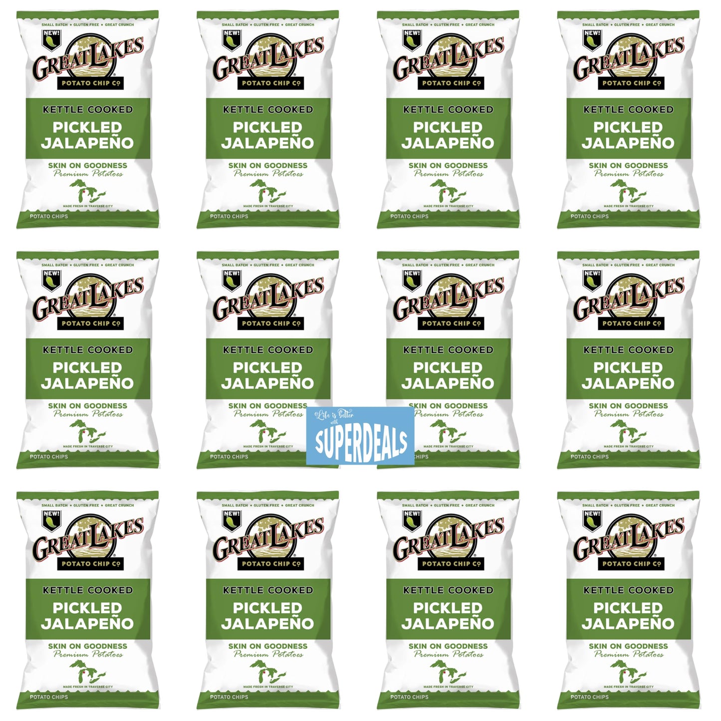 Kettle Cooked Potato Chips by Great Lakes Value Pack Bundled by SUPERDEALS | 1.375 Oz Bag | Pickled Jalapeno | Pack of 12 with m