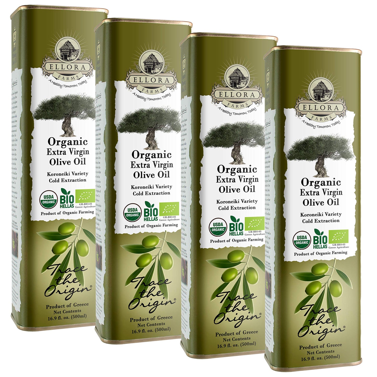 Ellora Farms USDA Organic Extra Virgin Olive Oil, Unfiltered, High Oleocanthal, 17 oz Tin, Pack of 4