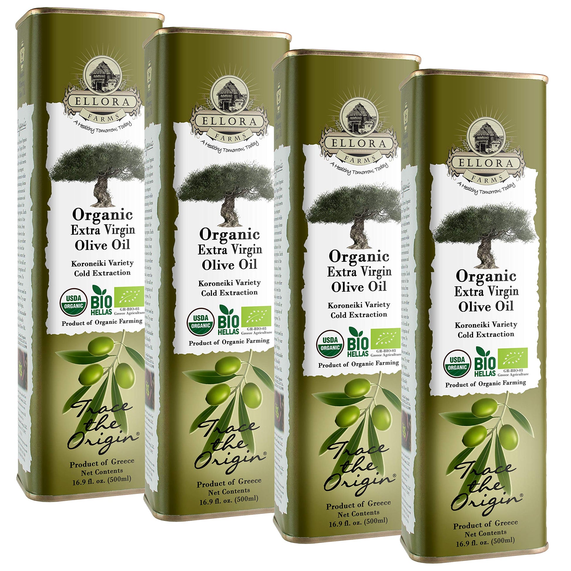 Ellora Farms USDA Organic Extra Virgin Olive Oil, Unfiltered, High Oleocanthal, 17 oz Tin, Pack of 4