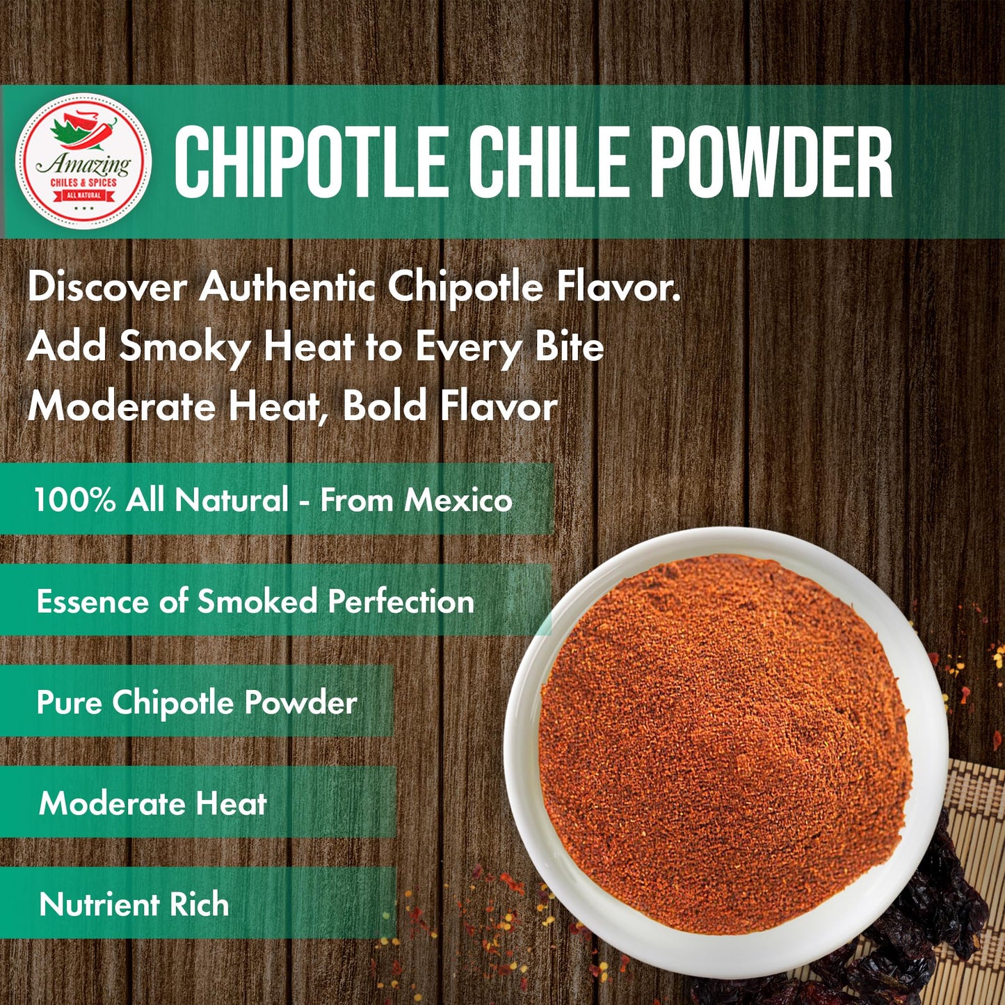Chipotle Chili Powder Seasoning 1 LB (16oz) - Natural and enhanced. Great For Meats  Grilling Rubs  Sauces  Salsa. Medium to High Heat - Sweet & Smoky Flavor. By Amazing Chiles & Spices.