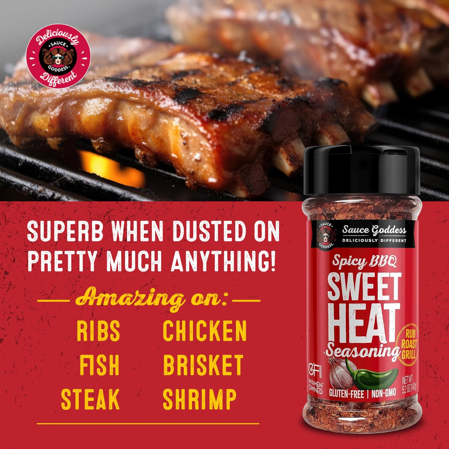 Sauce Goddess Spicy BBQ Sweet Heat Spice Shaker, Barbeque Rub with Brown Sugar and Garlic, 5.2 oz, Pack of 1