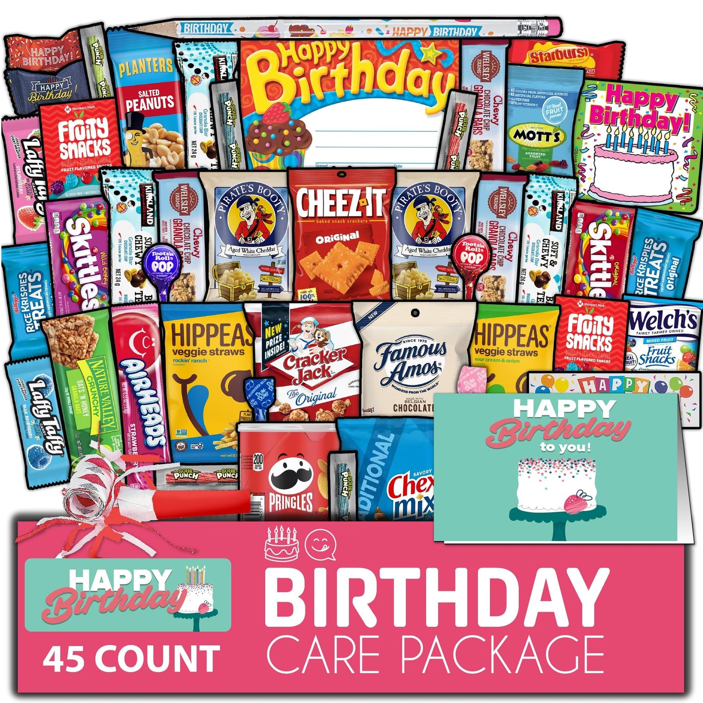 Gift A Snack - Happy Birthday Snack Box Variety Pack Care Package + Greeting Card (45 Count) Bday Sweet  Gift Basket  Candies Chips ers Bars - Food Assortments Assortments & Variety Gifts