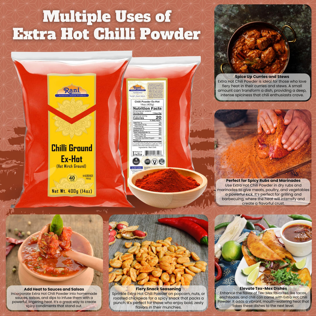 Rani Extra Hot Chilli Powder Indian Spice 14Oz (400G) ~ All Natural | No Color Added | Gluten Friendly | Vegan | Non-Gmo | Koshe