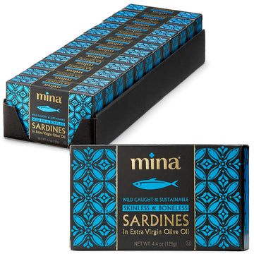 Mina Sardines, Skinless & Boneless Sardines In Extra Virgin Olive Oil, 4.4 Ounce Wild Caught Sardines, Packed By Hand, Low Sodium, High In Protein, Keto, Paleo, Sardines In Olive Oil (Pack Of 12)