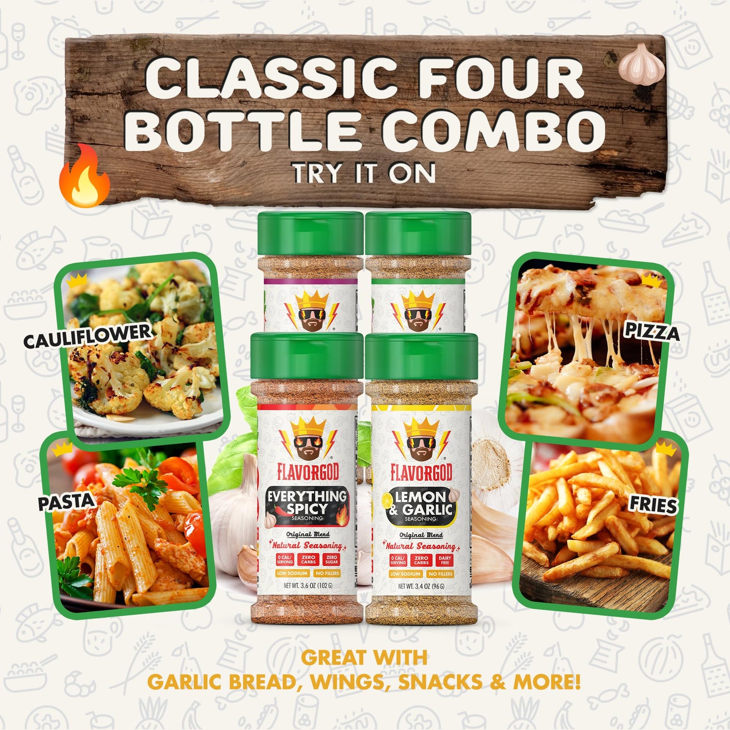 Flavor God Classic Combo Pack Of 4 Seasoning & Spices for Cooking, Everything, Everything Spicy, Garlic Lovers, Lemon & Garlic,