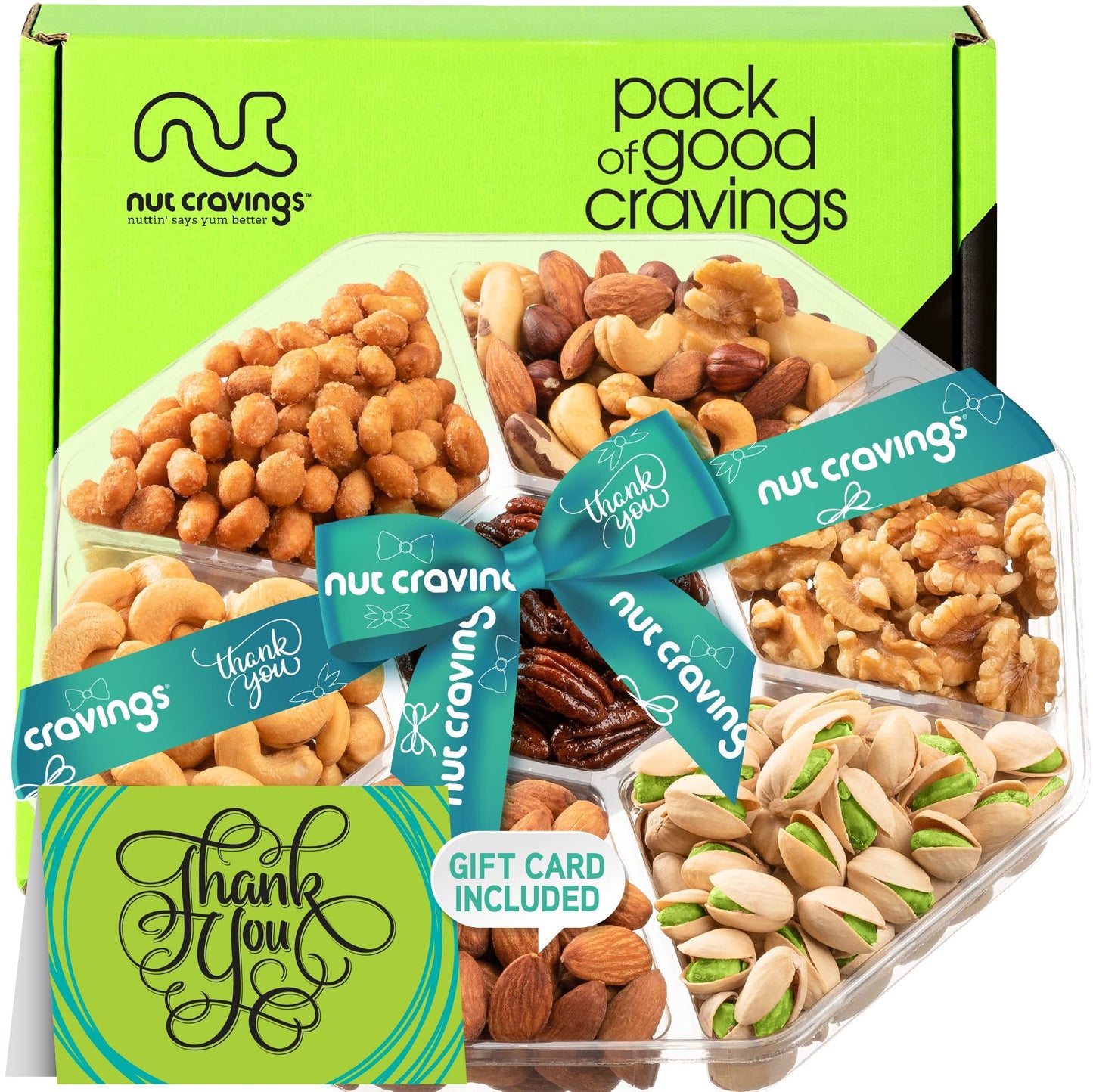 Thank You Nuts Gift Basket With Thank You Ribbon + Greeting Card (7 Assortments) Gourmet Food Platter, Appreciation Care Package