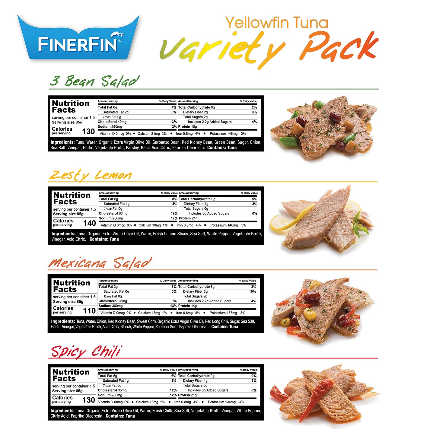 Finerfin Yellowfin Tuna Salad In Organic Olive Oil | Tasters Variety Pack | Enhanced Canned Tuna Fish With Evoo | Gourmet Ready-To-Eat Wild-Caught Fillets | 4.4Oz Can - 12 Pack