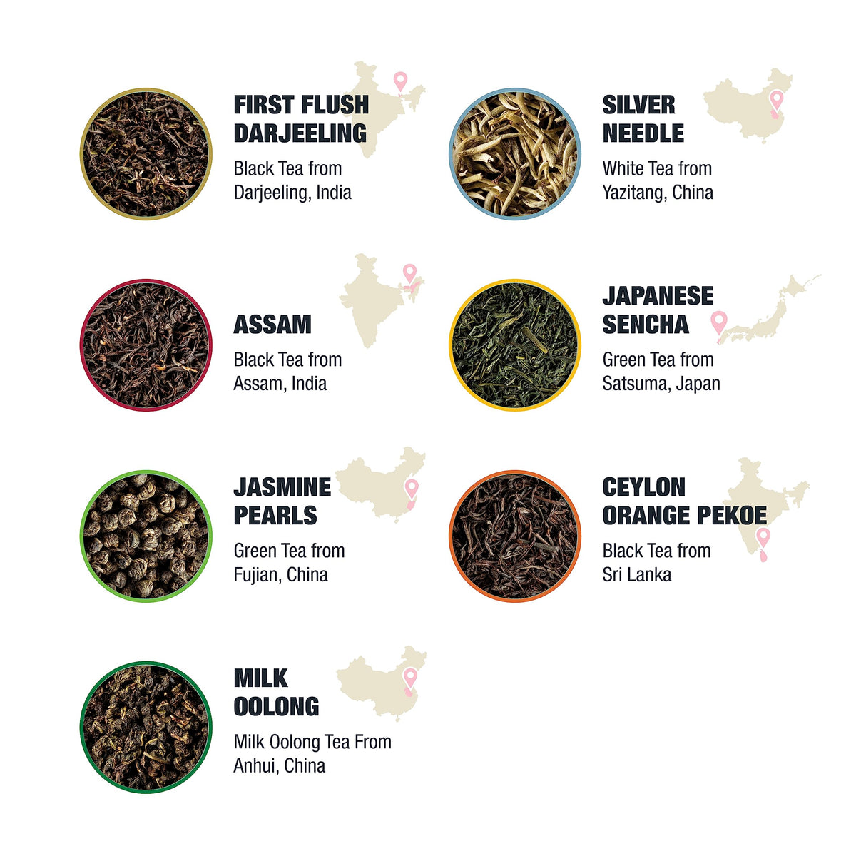 Tiesta Tea Single Origin Tea Sampler Set - Loose Leaf, Assorted Brew Sets, High to Low Caffeine, 7 Resealable Sample Pouches