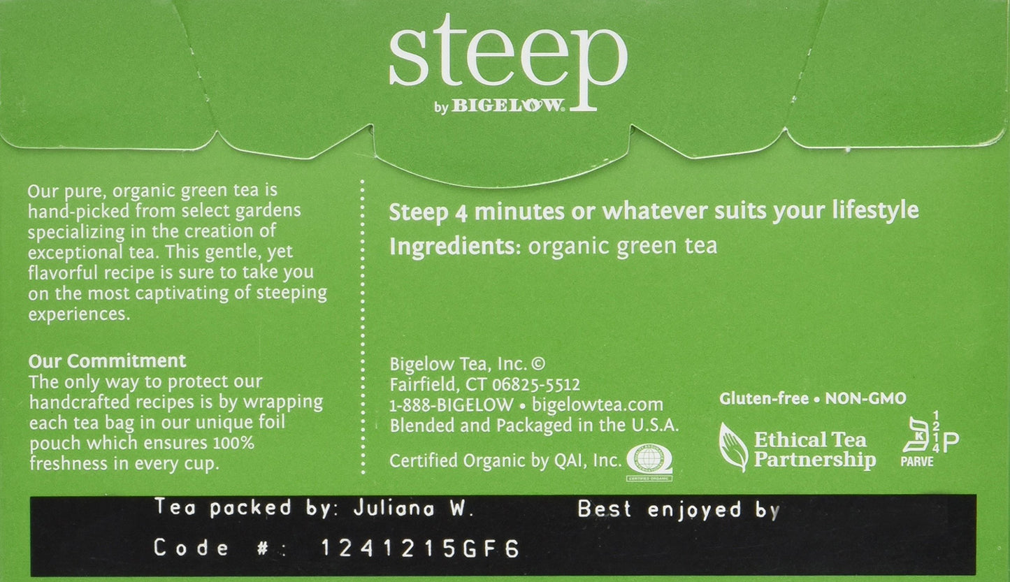 Steep By Bigelow Organic Pure Green Tea, 20 Count (Pack Of 6), 120 Tea Bags Total