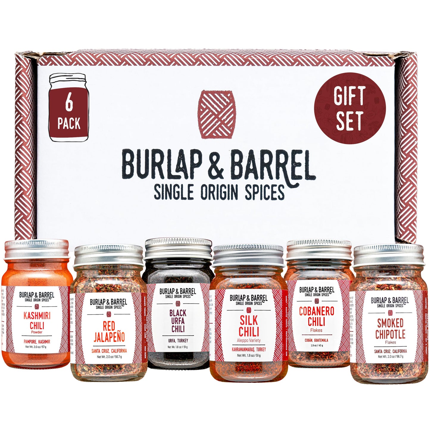 Burlap & Barrel Chili 6-Pack Gift Set - As Seen On Shark Tank - 6 Of Our Favorite Chilis From Around The World- Includes Mild, Medium & Hot Chilis - Kitchen Gift For Cooks - 6 Full Size Jars