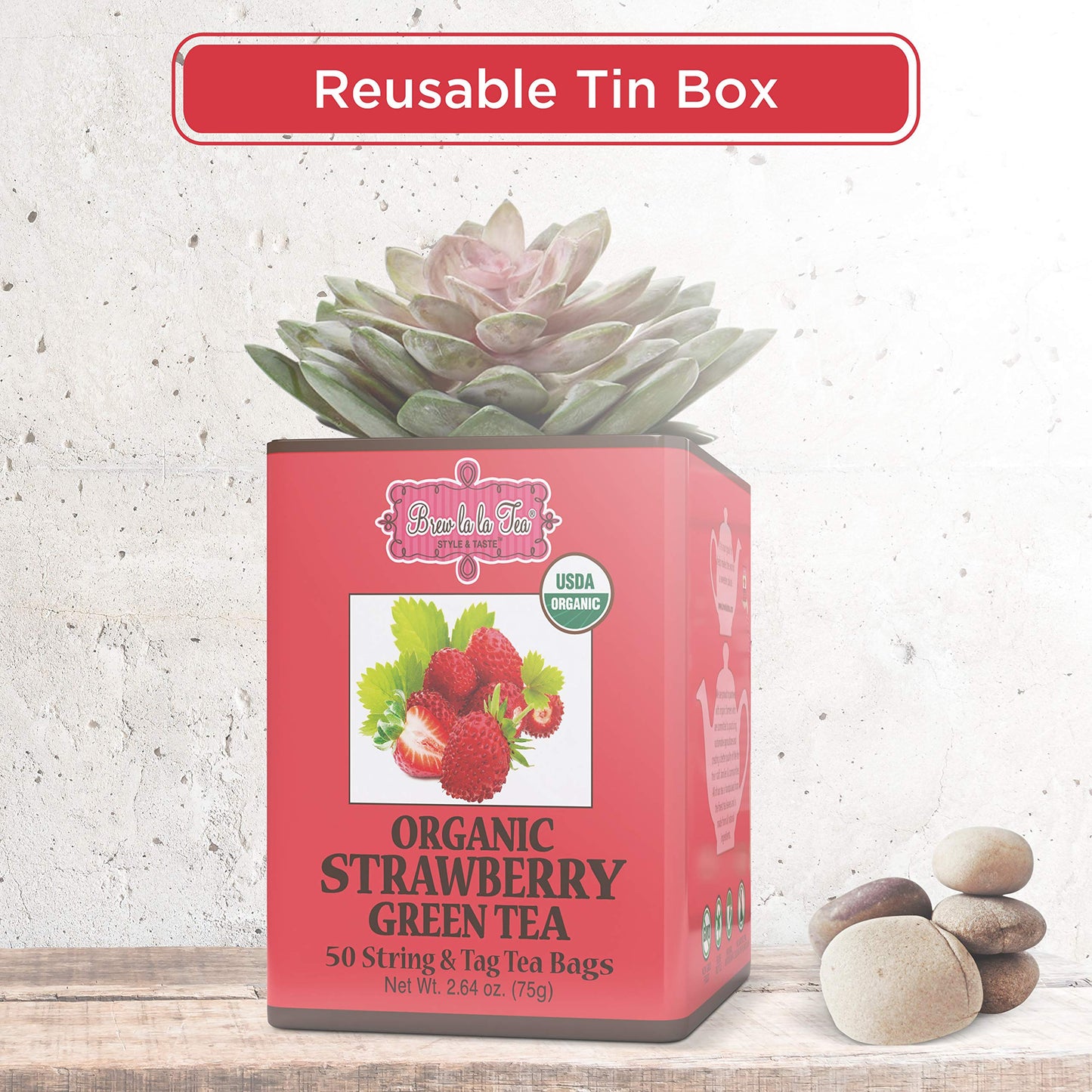 Brew La La Organic Green Tea - Natural Strawberry Flavor - 50 Tea Bags - Low Caffeine Gourmet Tea