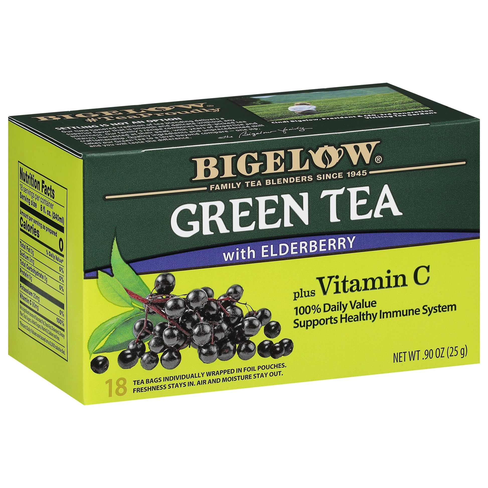 Bigelow Tea Green Tea with Elderberry Plus Vitamin C, Caffeinated Tea with Elderberry, 18 Count Box (Pack of 6), 108 Total Tea B
