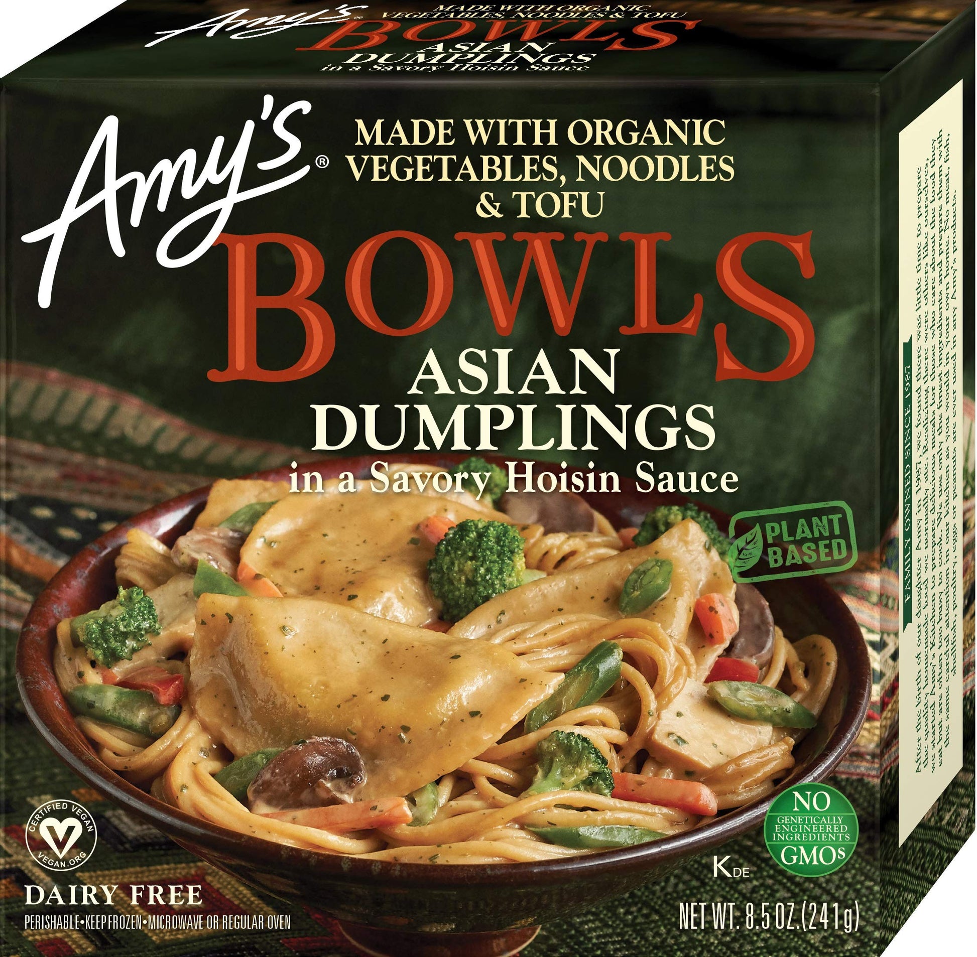 Amys Frozen Bowls, Asian Dumplings In a Savory Hoisin Sauce, Vegan, 8.5 oz.