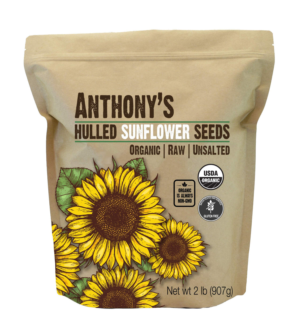 Anthonys Organic Hulled Sunflower Seeds, 2 lb, Raw, Unsalted, Batch Tested and Gluten Free, Keto Friendly