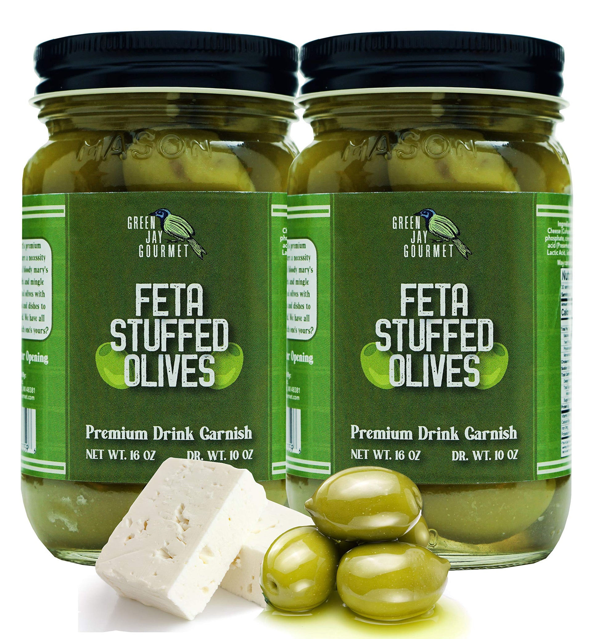 Green Jay Gourmet Feta Cheese Stuffed Olives - Cheese Stuffed Green Olives For Mixed Flavor Garnish & Cheese Board - Dirty Beverage-Style Olives - Gourmet Olives - All Natural - Large - 2 X 16 Ounces