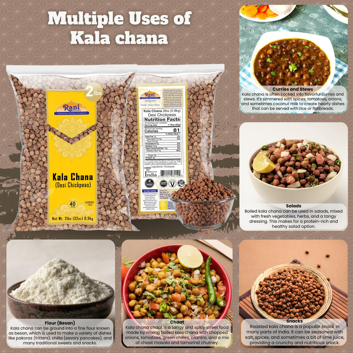 Rani Kala Chana (Desi Chickpeas Chana With Skin) 32Oz (2Lbs) 908G ~ All Natural | Gluten Friendly | Non-Gmo | Kosher | Vegan | I