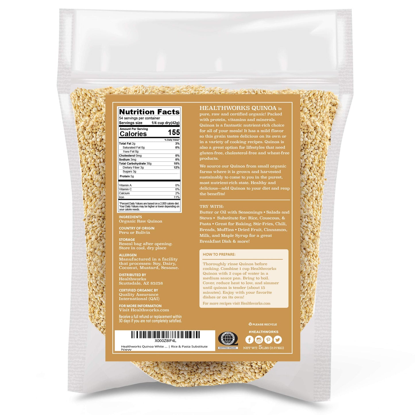 Healthworks Quinoa White Whole Grain Raw Organic (80 Ounces / 5 Pounds) | Protein  Fiber & Iron | Peruvian Origin | Rice & Pasta Substitute
