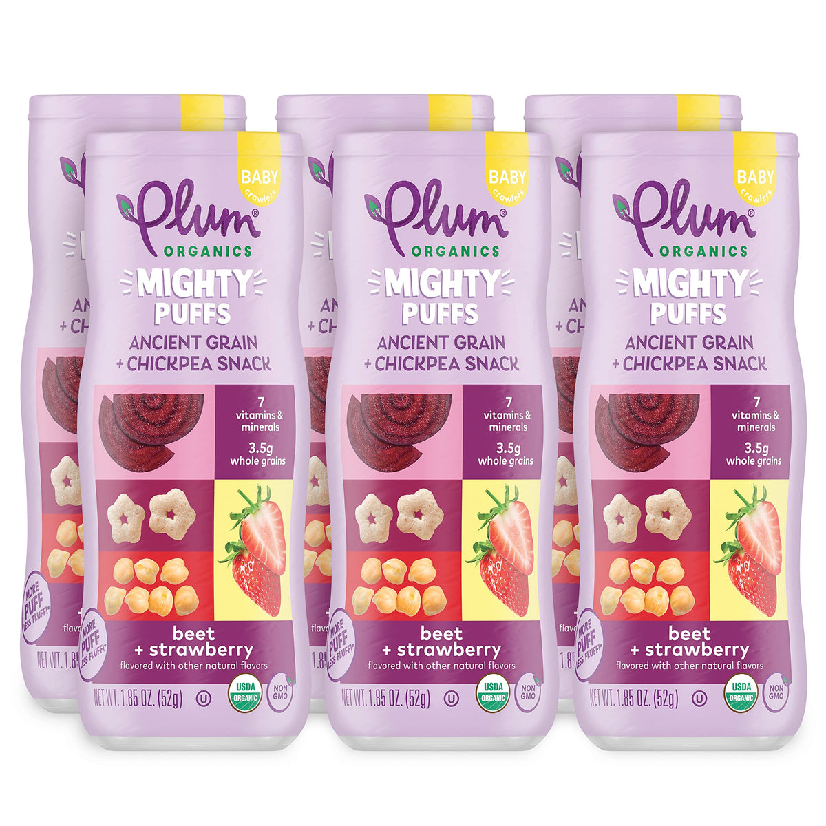 Plum Organics Mighty Puffs Organic Baby Food - Beet And Strawberry - 1.85 Oz Canister (Pack Of 6) - Ancient Grains And Chickpea 